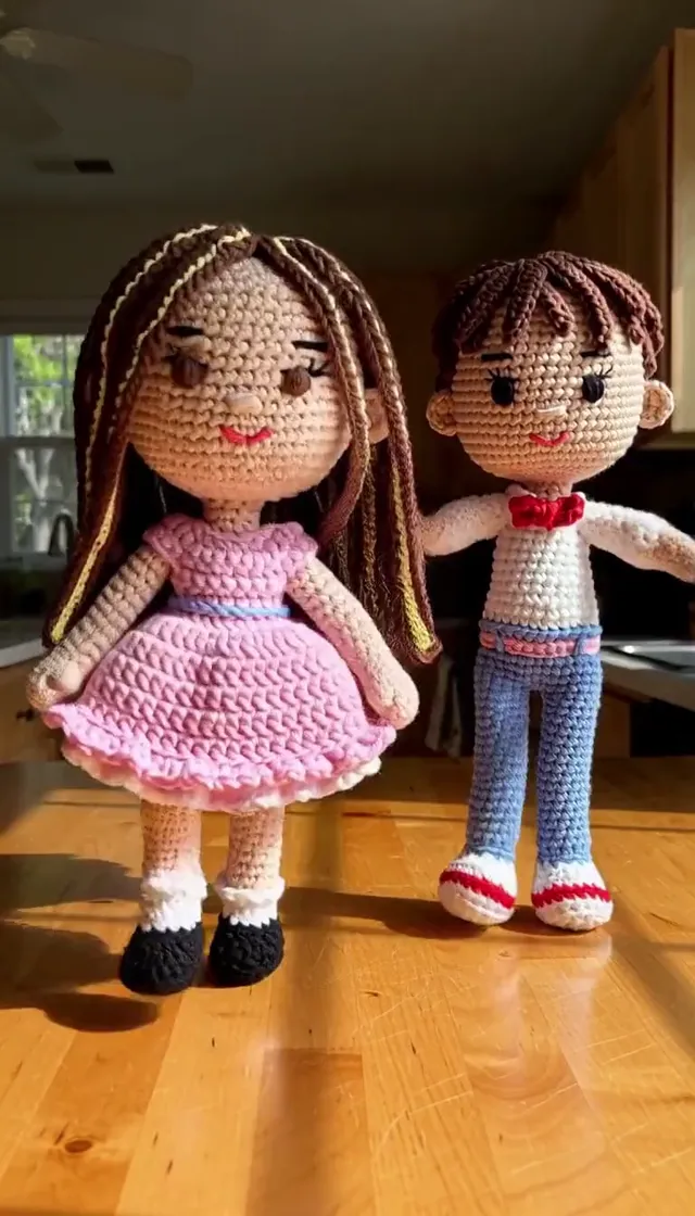 Smalltown Boy characters — two crochet dolls