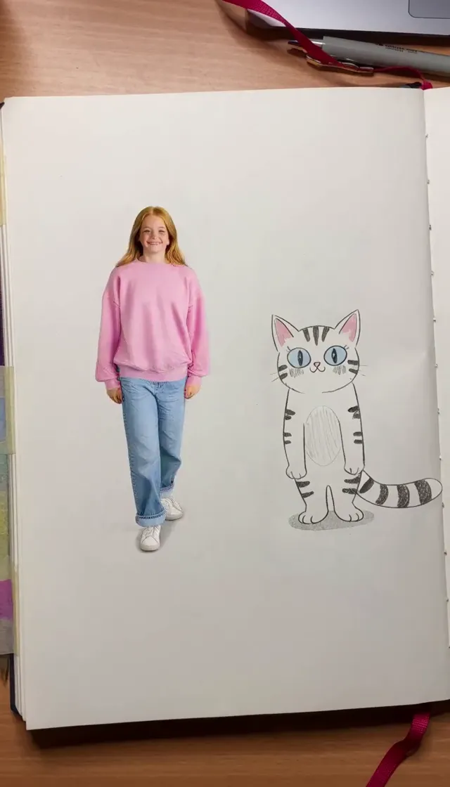 Smalltown Boy characters — a watercolour girl and a doodle cat