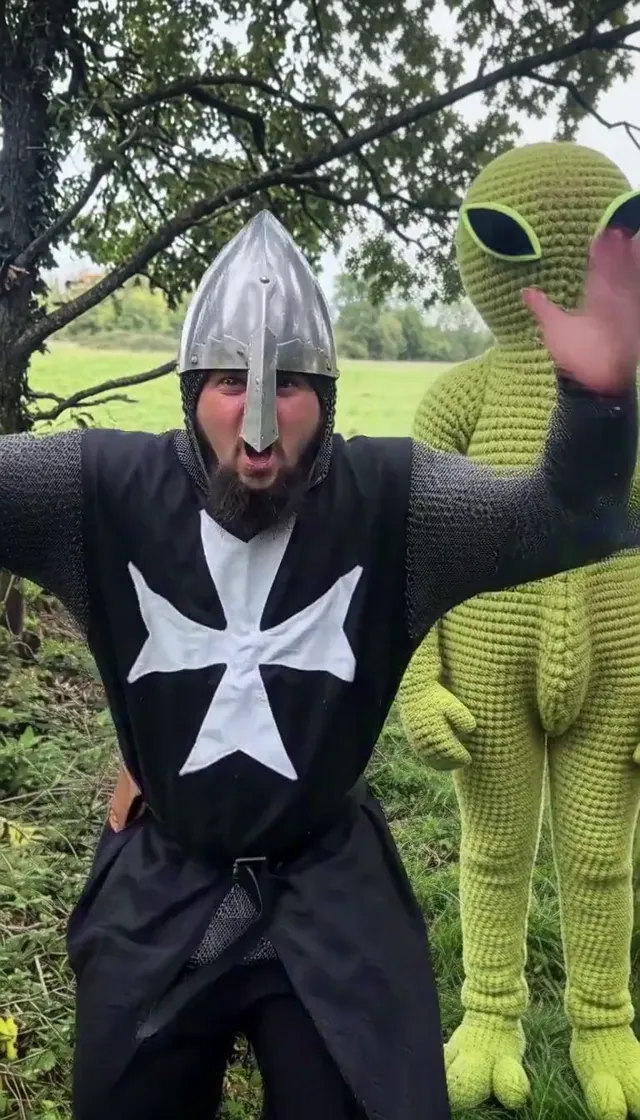 Smalltown Boy characters — a knight and a crochet alien